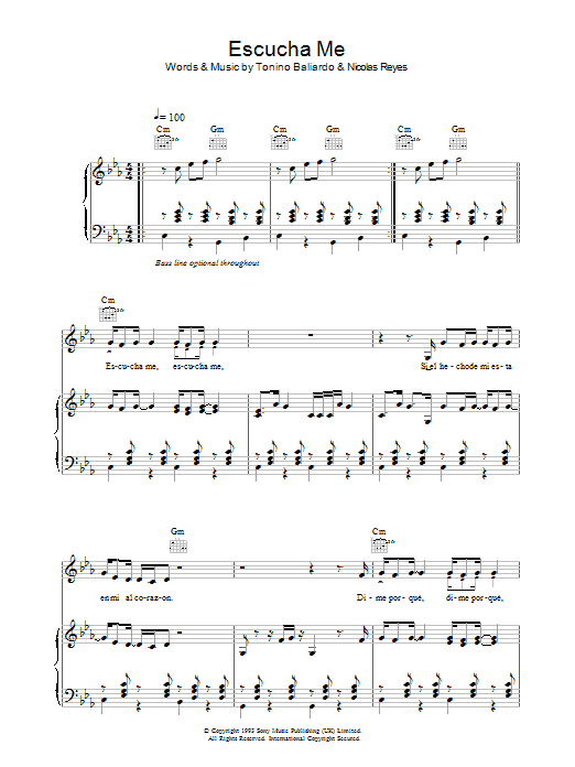Gipsy Kings Escucha Me sheet music notes and chords arranged for Piano, Vocal & Guitar Chords