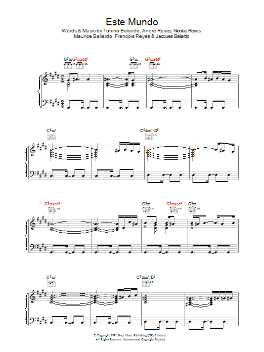 Gipsy Kings Este Mundo sheet music notes and chords arranged for Piano, Vocal & Guitar Chords