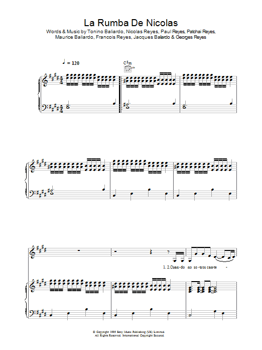Gipsy Kings La Rumba De Nicolas sheet music notes and chords arranged for Piano, Vocal & Guitar Chords
