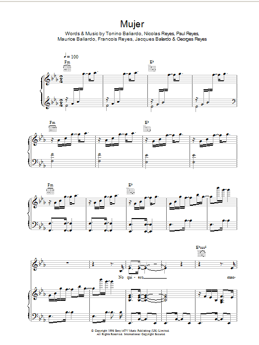 Gipsy Kings Mujer sheet music notes and chords arranged for Piano, Vocal & Guitar Chords