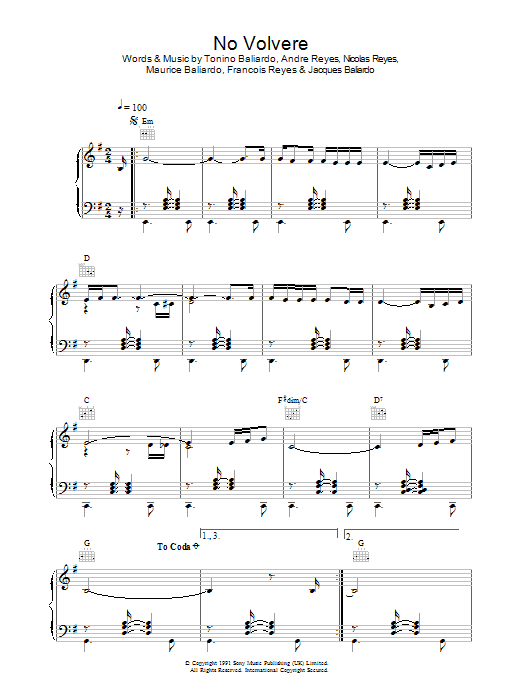 Gipsy Kings No Volvere sheet music notes and chords arranged for Piano, Vocal & Guitar Chords