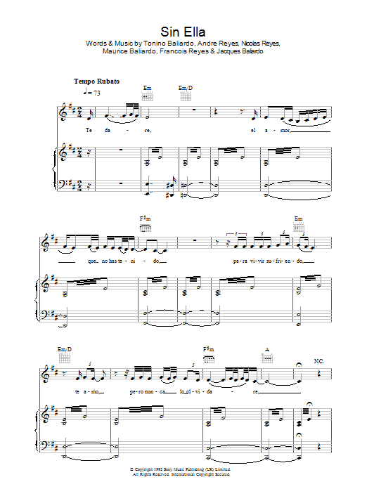 Gipsy Kings Sin Ella sheet music notes and chords arranged for Piano, Vocal & Guitar Chords