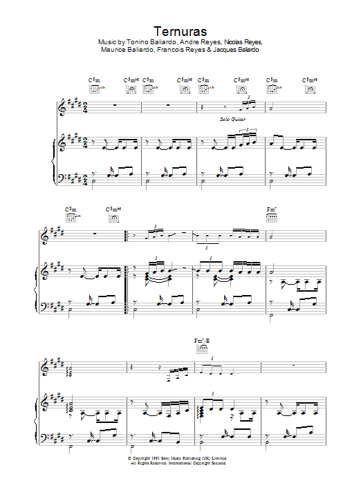 Gipsy Kings Ternuras sheet music notes and chords arranged for Piano, Vocal & Guitar Chords