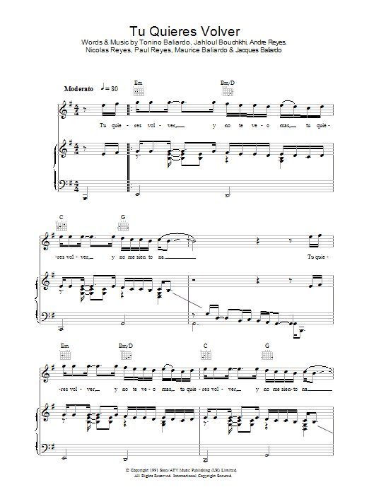Gipsy Kings Tu Quieres Volver sheet music notes and chords arranged for Piano, Vocal & Guitar Chords
