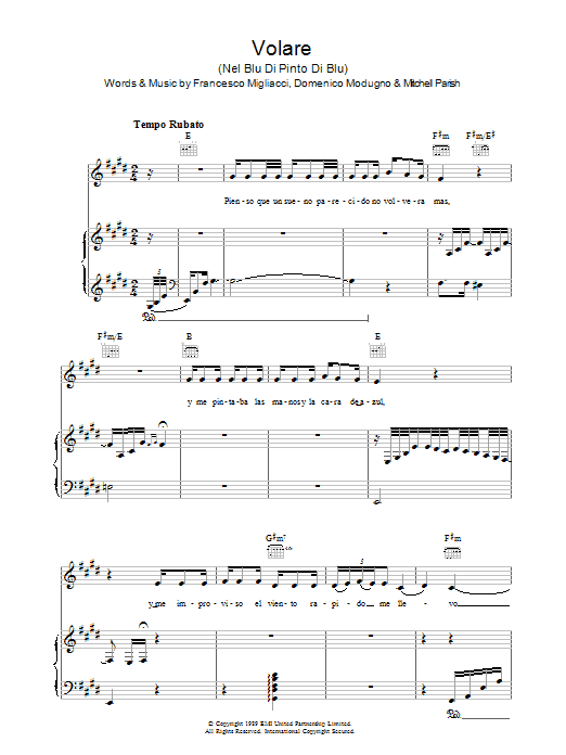 Gipsy Kings Volare (Nel Blu Di Pinto Di Blu) sheet music notes and chords arranged for Piano, Vocal & Guitar Chords
