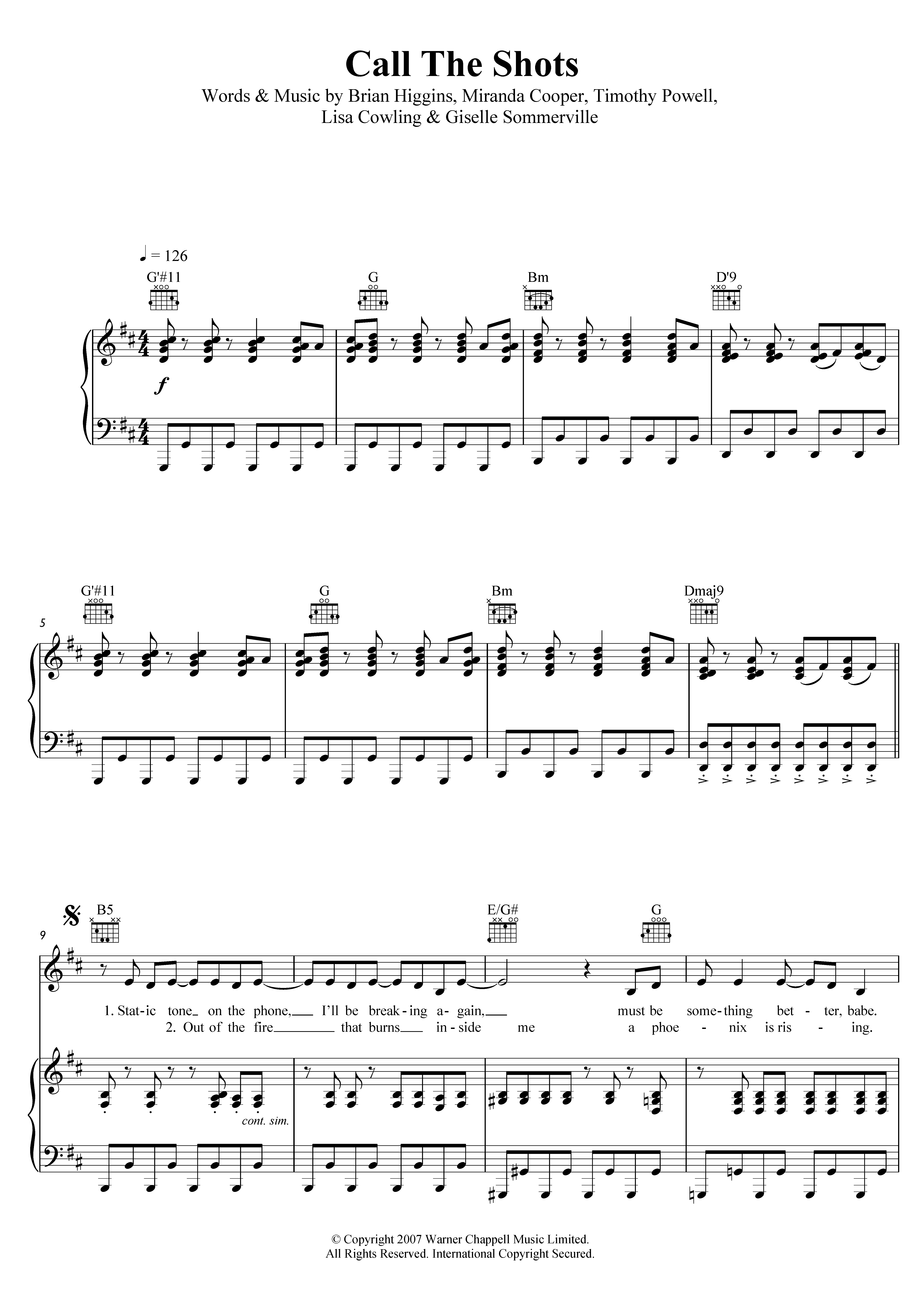 Girls Aloud Call The Shots sheet music notes and chords arranged for Piano, Vocal & Guitar Chords (Right-Hand Melody)