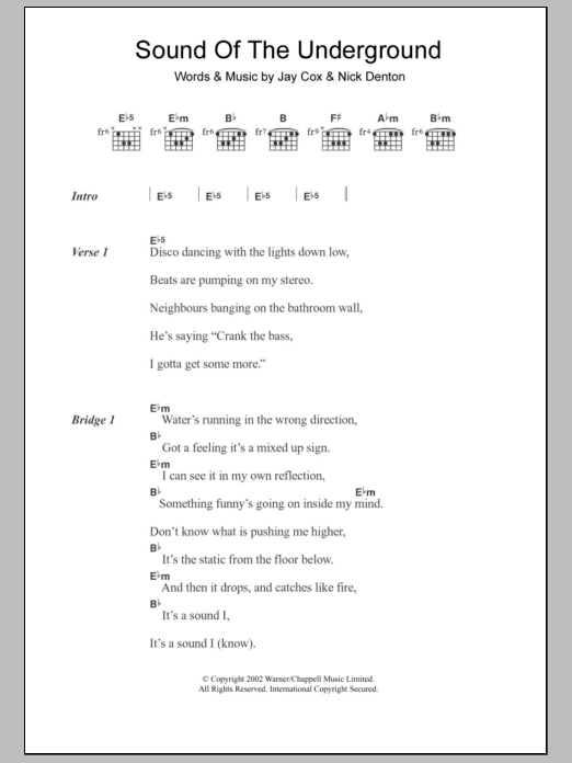 Girls Aloud Sound Of The Underground sheet music notes and chords arranged for Guitar Chords/Lyrics