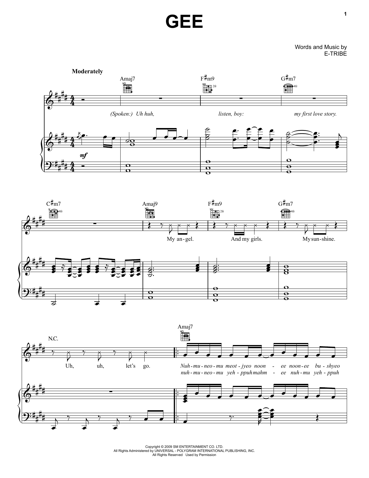 Girls' Generation Gee sheet music notes and chords arranged for Piano, Vocal & Guitar Chords (Right-Hand Melody)