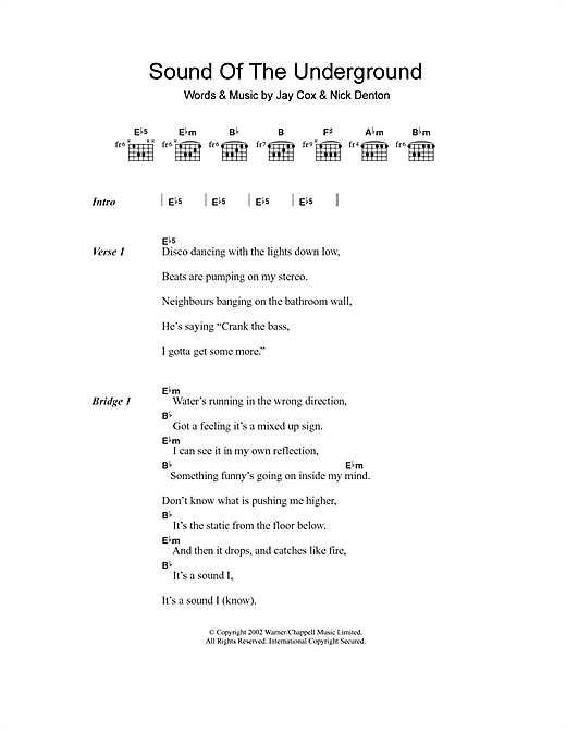 Girls Aloud Sound Of The Underground sheet music notes and chords arranged for Guitar Chords/Lyrics