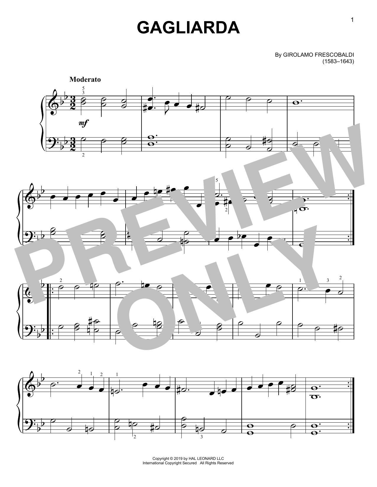 Girolamo Frescobaldi Gagliarda sheet music notes and chords arranged for Easy Piano