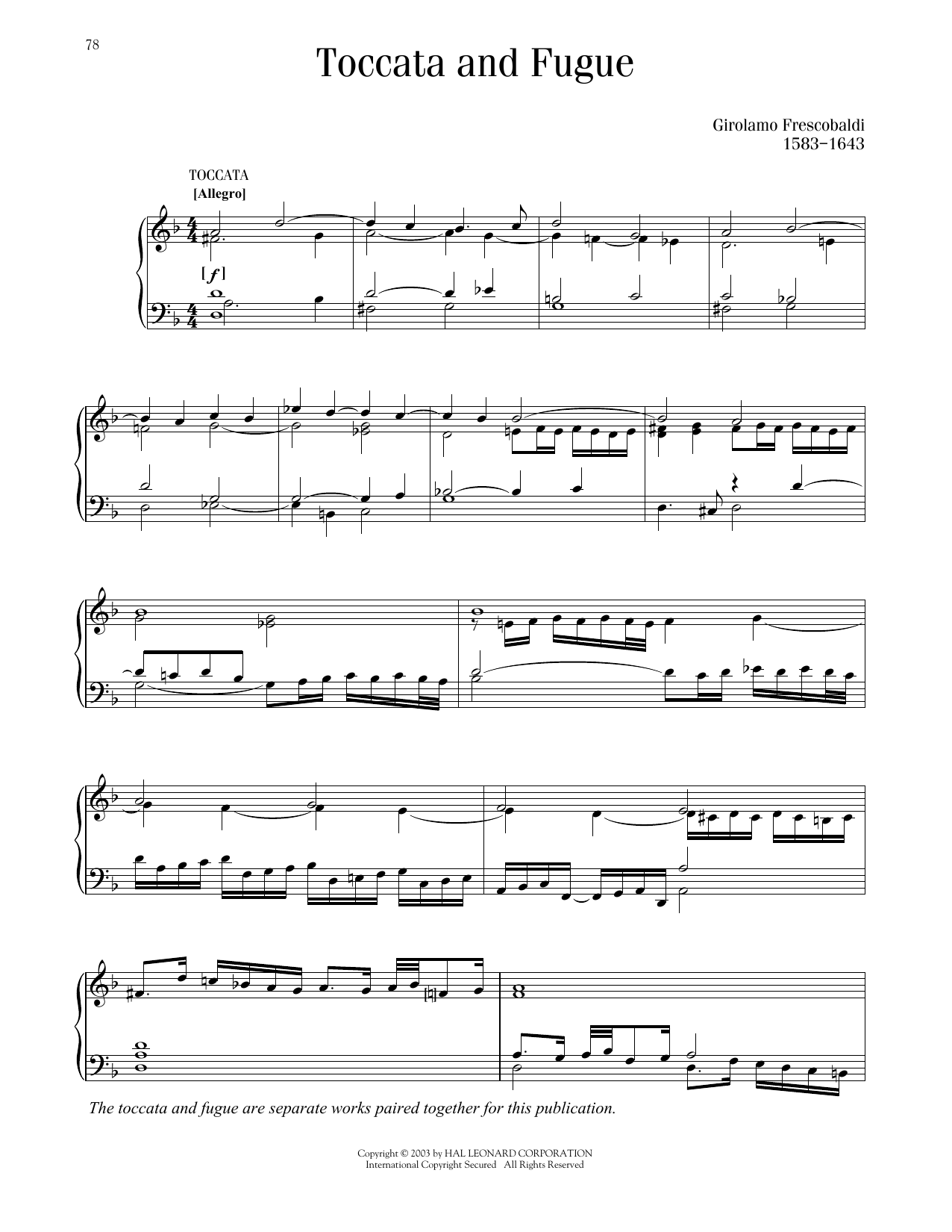 Girolamo Frescobaldi Toccata And Fugue sheet music notes and chords arranged for Piano Solo