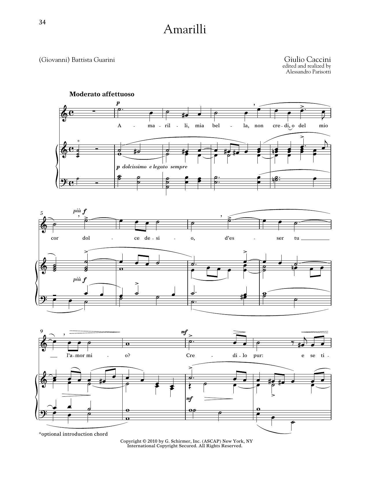 Giulio Caccini Amarilli (High Voice) sheet music notes and chords arranged for Piano & Vocal