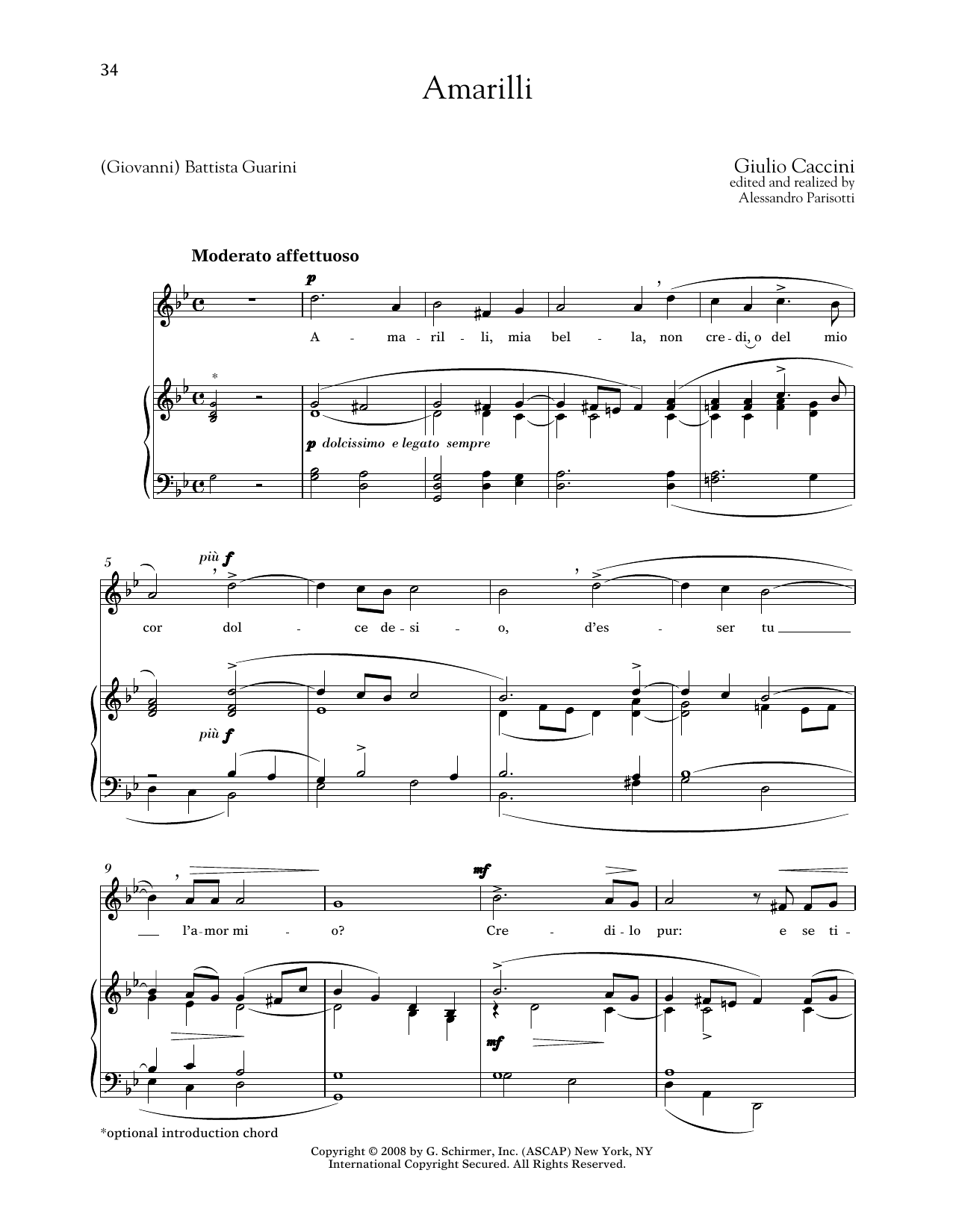 Giulio Caccini Amarilli (Medium High Voice) sheet music notes and chords arranged for Piano & Vocal
