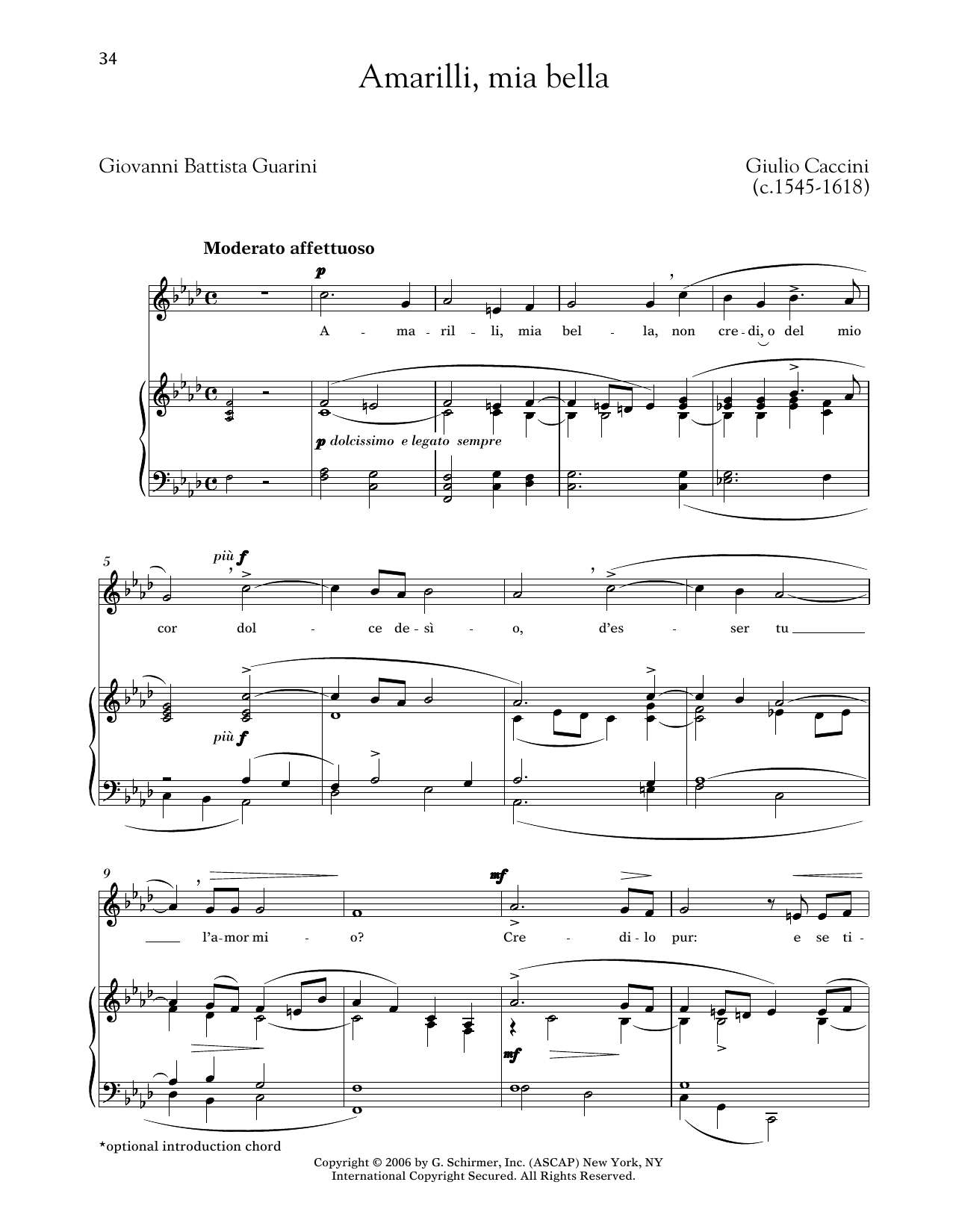 Giulio Caccini Amarilli (Medium Low Voice) sheet music notes and chords arranged for Piano & Vocal