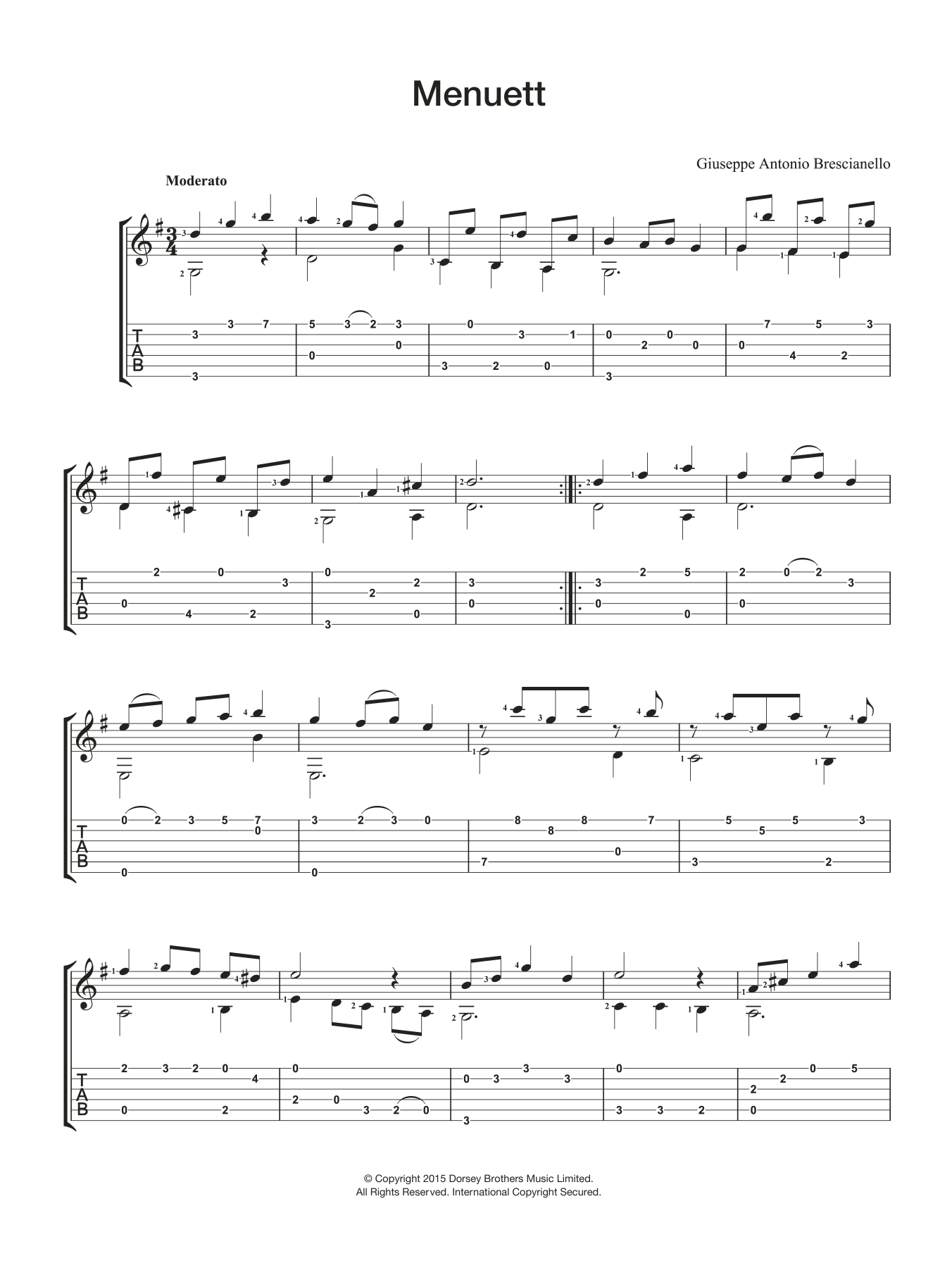 Giuseppe Antonio Brescianello Menuett sheet music notes and chords arranged for Easy Guitar