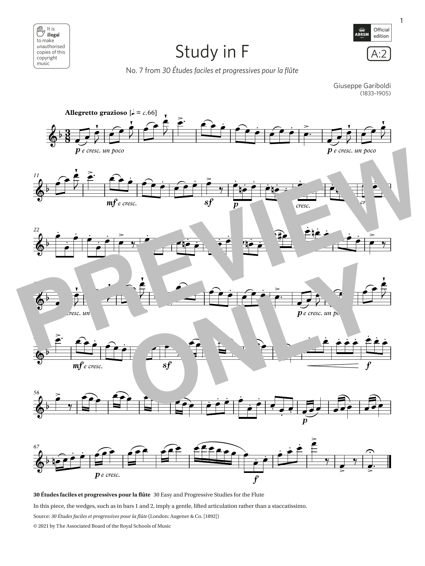 Giuseppe Gariboldi Study in F (Grade 3 List A2 from the ABRSM Flute syllabus from 2022) sheet music notes and chords arranged for Flute Solo