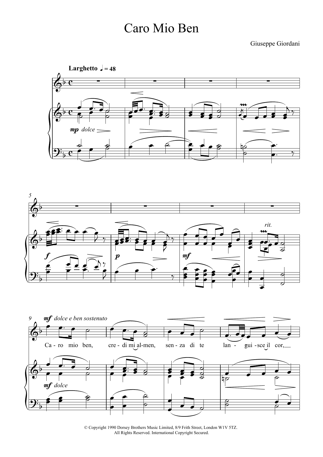 Giuseppe Giordani Caro Mio Ben sheet music notes and chords arranged for Piano & Vocal