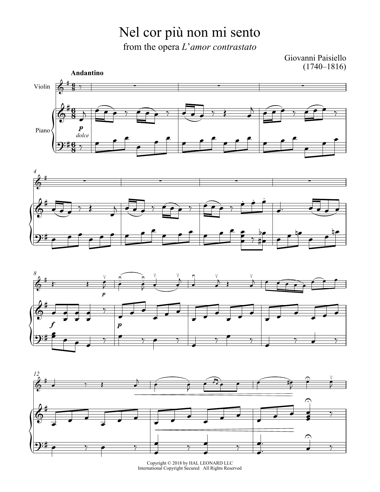 Giuseppe Palomba Nel Cor Piu Non Mi Sento sheet music notes and chords arranged for Violin and Piano