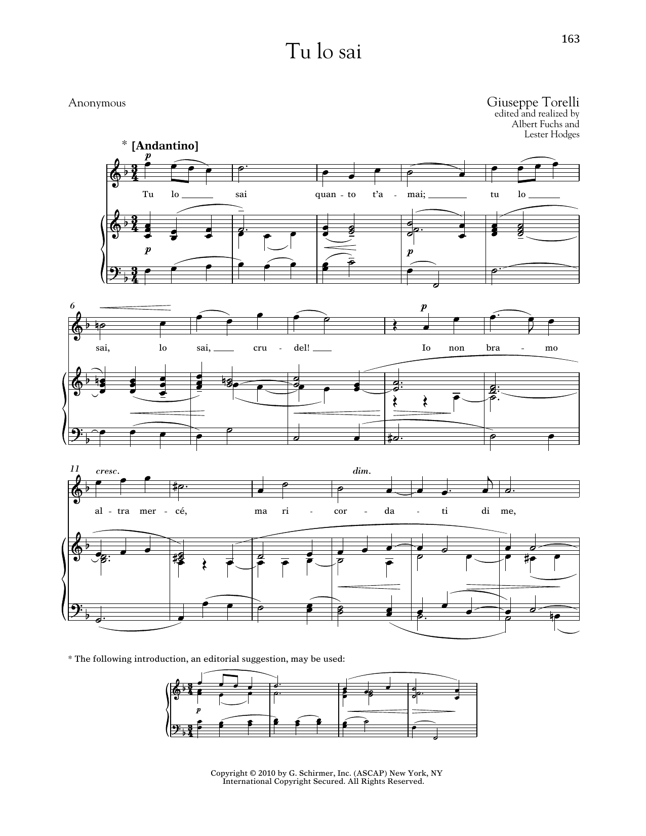 Giuseppe Torelli Tu Lo Sai (High Voice) sheet music notes and chords arranged for Piano & Vocal