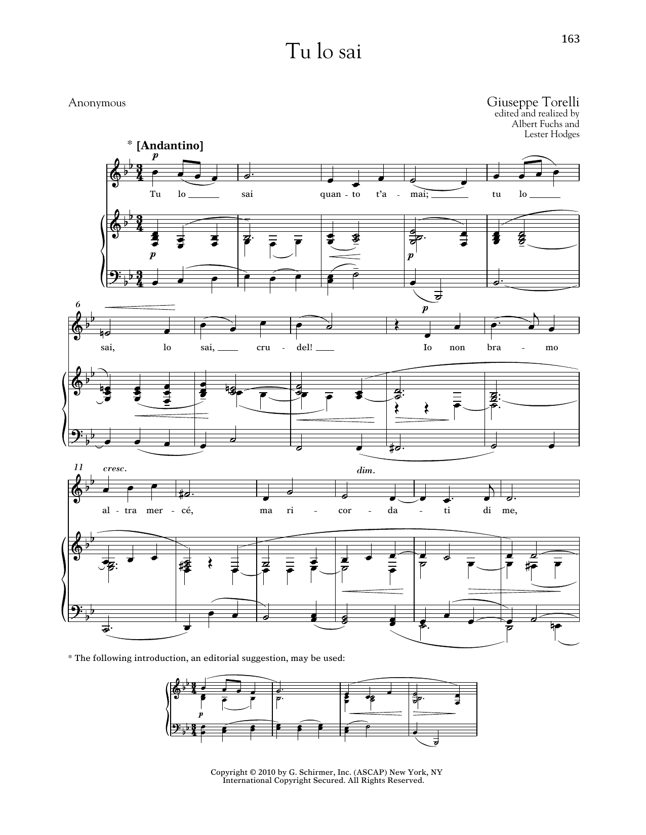 Giuseppe Torelli Tu Lo Sai (Low Voice) sheet music notes and chords arranged for Piano & Vocal