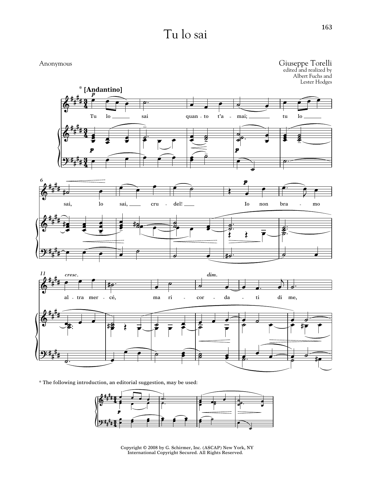 Giuseppe Torelli Tu Lo Sai (Medium High Voice) sheet music notes and chords arranged for Piano & Vocal
