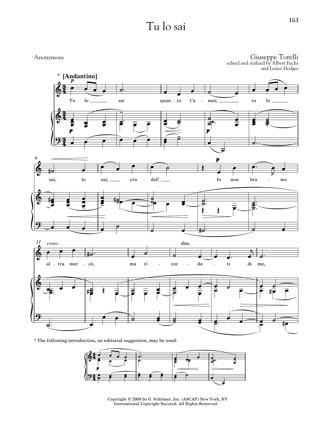 Giuseppe Torelli Tu Lo Sai (Medium Low Voice) sheet music notes and chords arranged for Piano & Vocal