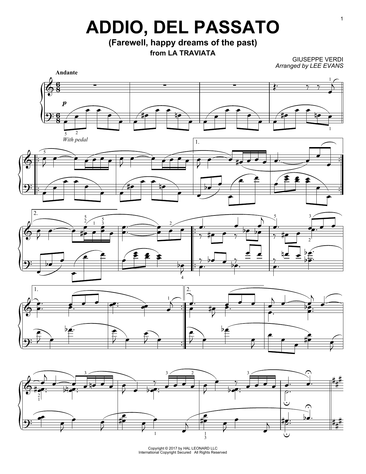 Giuseppe Verdi Addio, Del Passatto (arr. Lee Evans) sheet music notes and chords arranged for Piano Solo