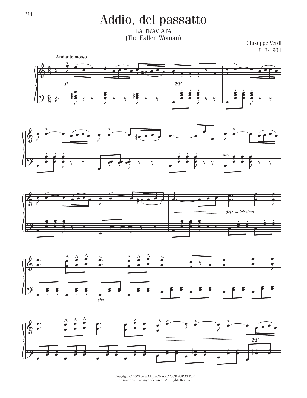 Giuseppe Verdi Addio, Del Passatto sheet music notes and chords arranged for Piano Solo