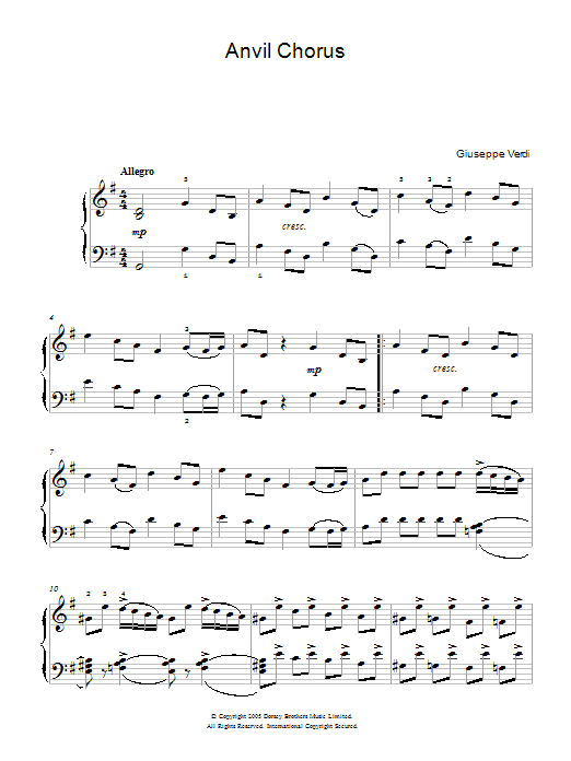 Giuseppe Verdi Anvil Chorus (from Il Trovatore) sheet music notes and chords arranged for Beginner Piano