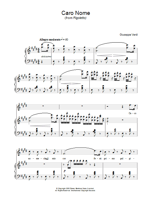 Giuseppe Verdi Caro Nome (from Rigoletto) sheet music notes and chords arranged for Piano, Vocal & Guitar Chords