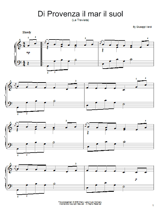 Giuseppe Verdi Di Provenza Il Mar, Il Suol sheet music notes and chords arranged for Piano Solo