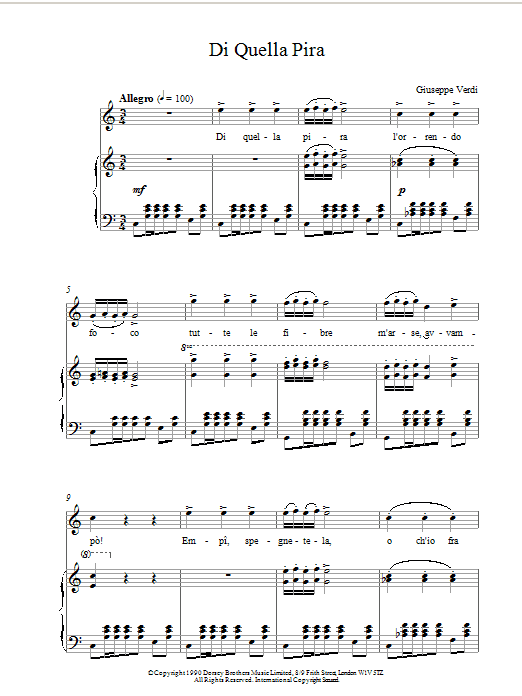 Giuseppe Verdi Di Quella Pira sheet music notes and chords arranged for Piano, Vocal & Guitar Chords