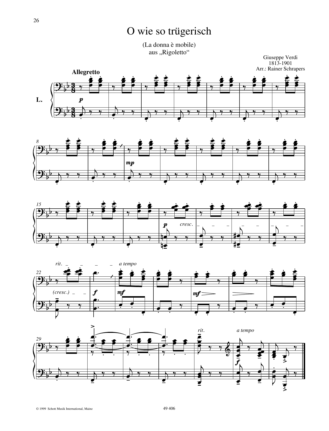 Giuseppe Verdi Donna e mobile sheet music notes and chords arranged for Piano Duet