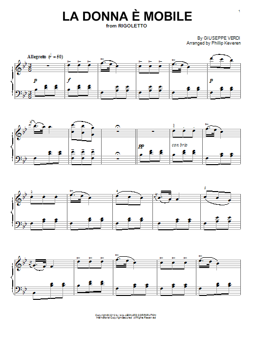 Giuseppe Verdi La donna e mobile (arr. Phillip Keveren) sheet music notes and chords arranged for Piano Solo