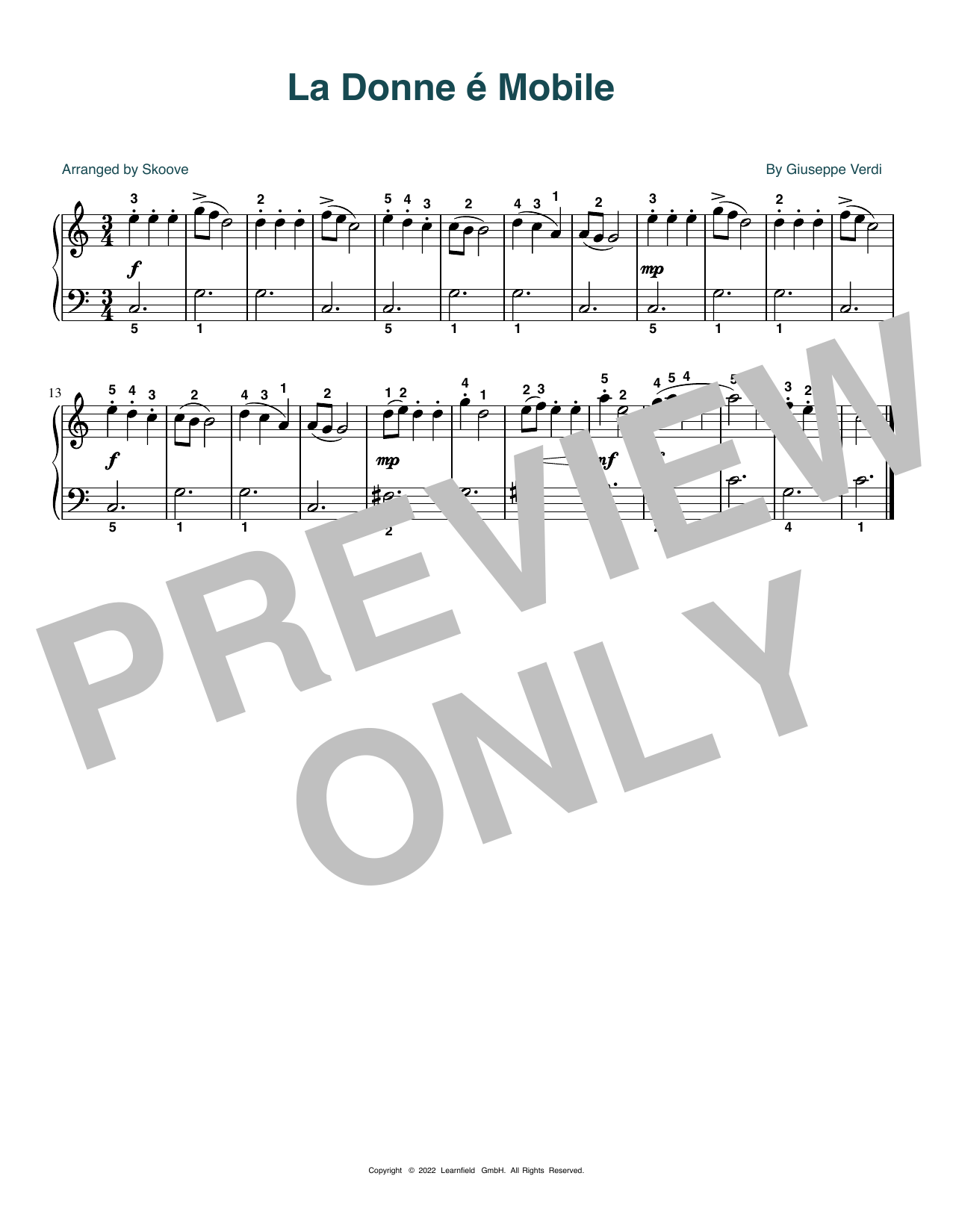 Giuseppe Verdi La Donne é Mobile (arr. Skoove) sheet music notes and chords arranged for Beginner Piano (Abridged)