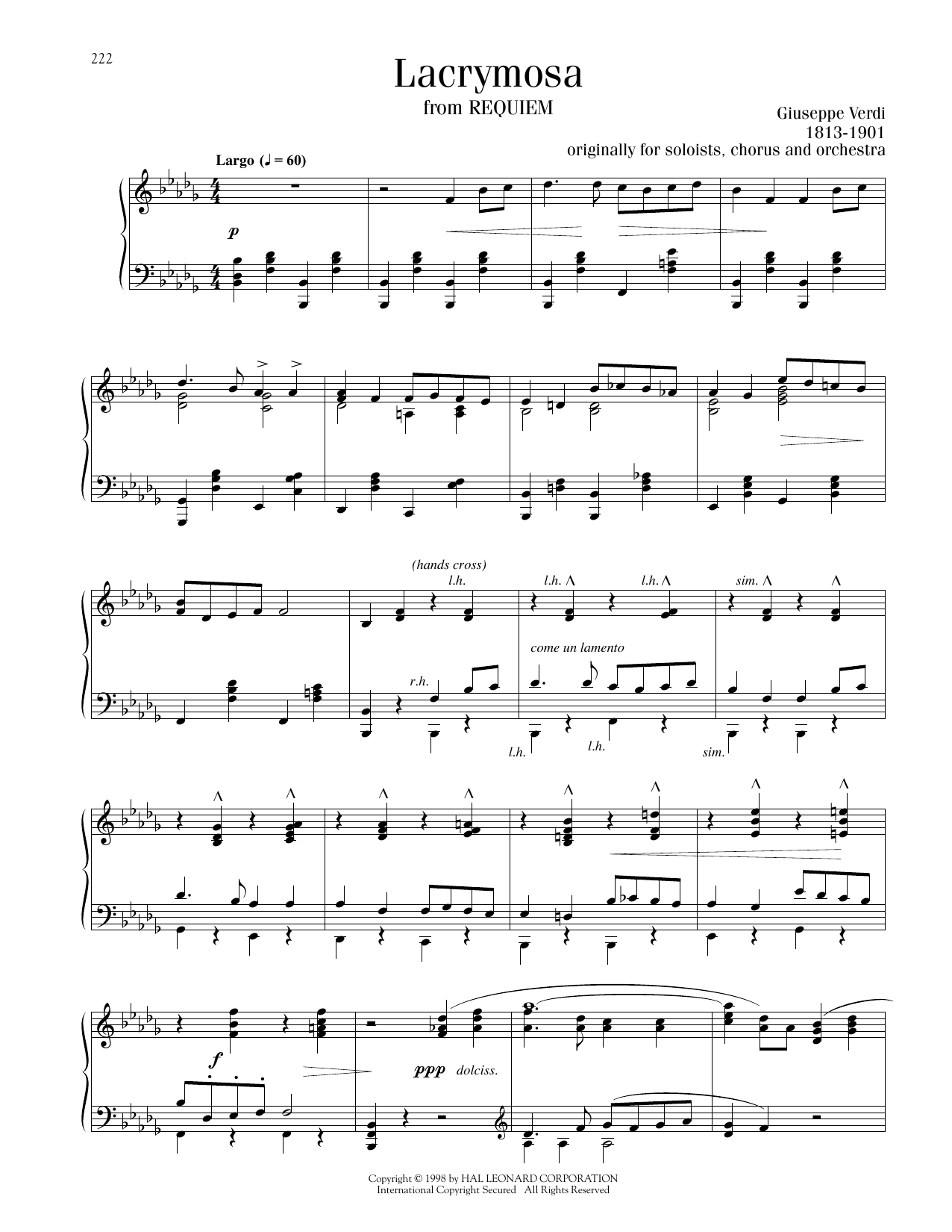 Giuseppe Verdi Lacrymosa sheet music notes and chords arranged for Piano Solo