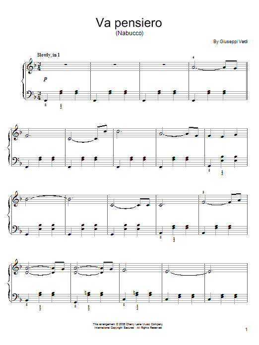 Giuseppe Verdi Nabucco sheet music notes and chords arranged for Easy Piano