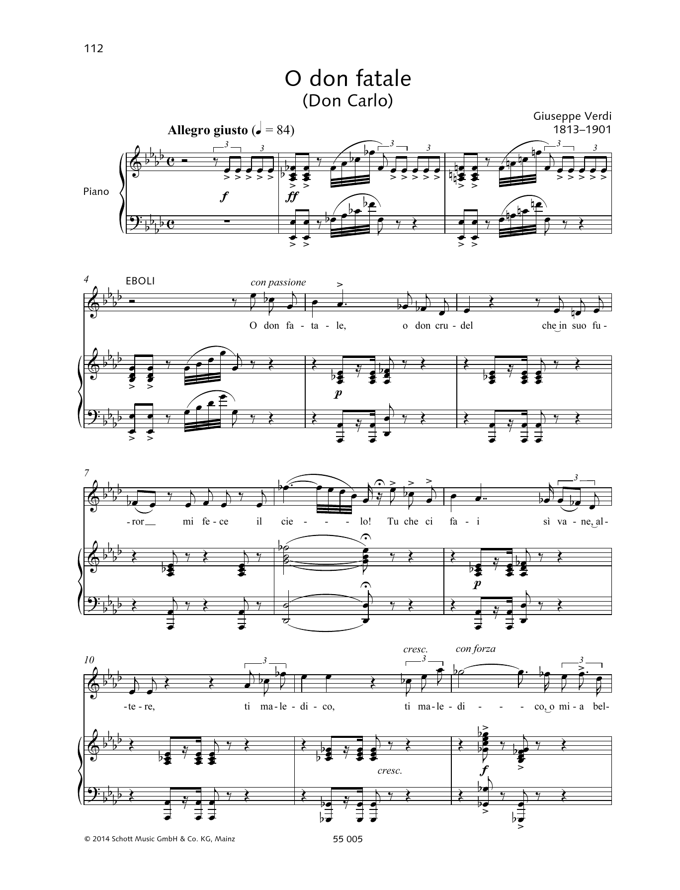 Giuseppe Verdi O don fatale sheet music notes and chords arranged for Piano & Vocal