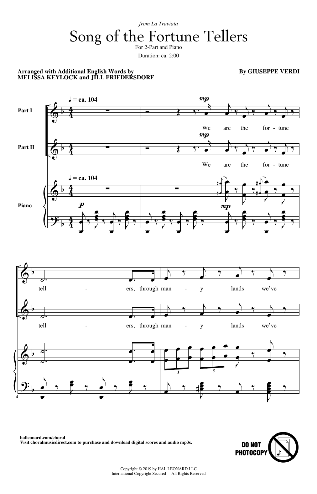 Giuseppe Verdi Song Of The Fortune Tellers (from La Traviata) (arr. Melissa Keylock and Jill Friedersdorf) sheet music notes and chords arranged for 2-Part Choir