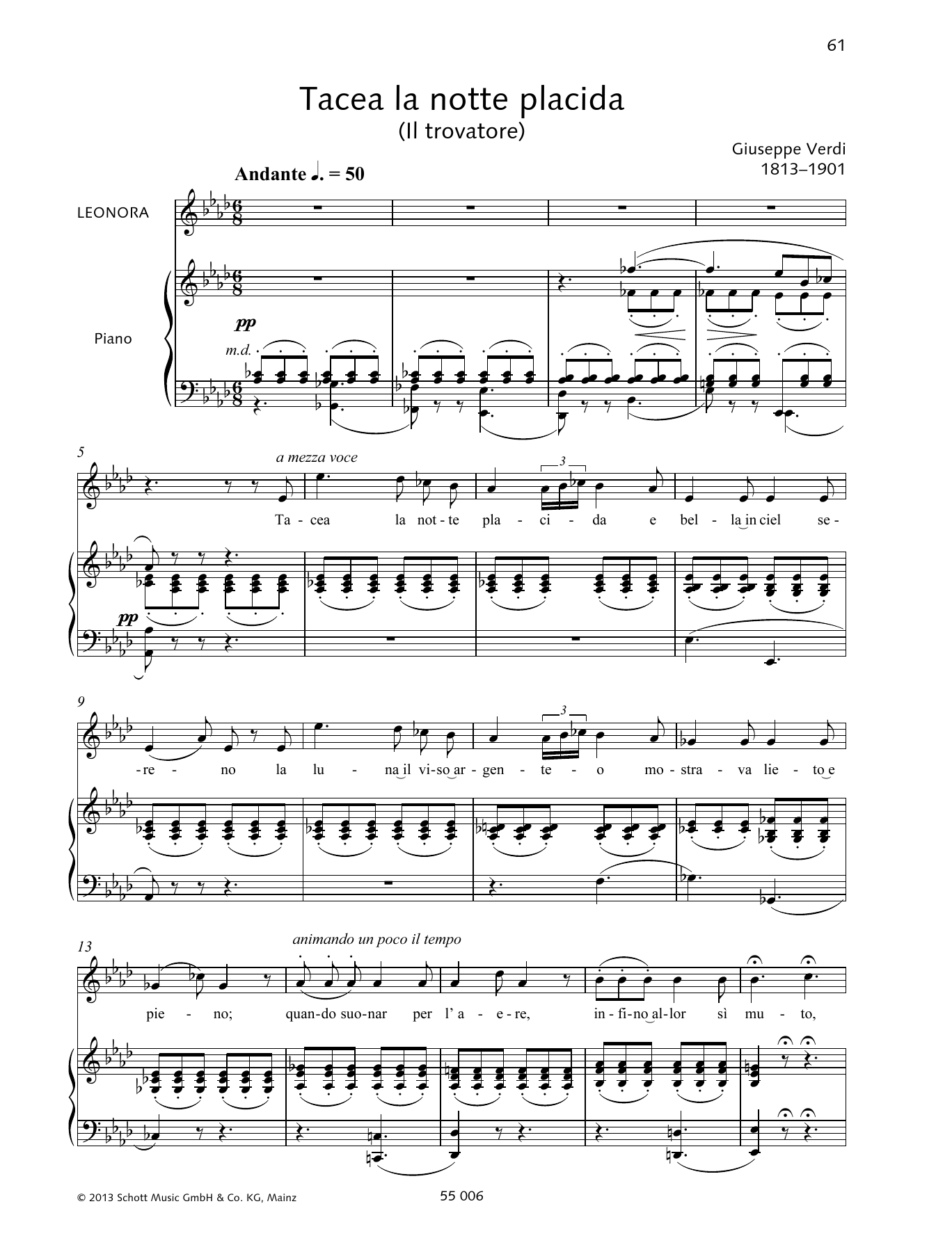 Giuseppe Verdi Tacea la notte placida sheet music notes and chords arranged for Piano & Vocal