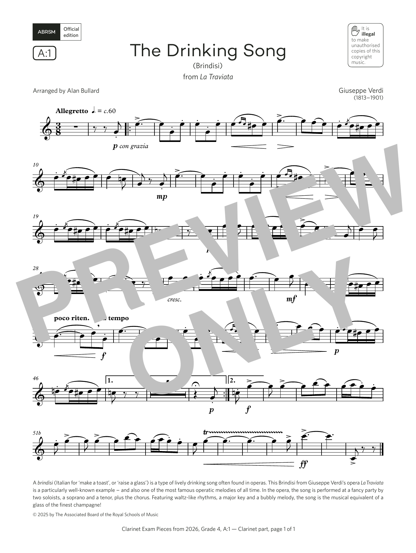 Giuseppe Verdi The Drinking Song (Grade 4, list A1, from the ABRSM Clarinet Syllabus from 2026) sheet music notes and chords arranged for Clarinet Solo