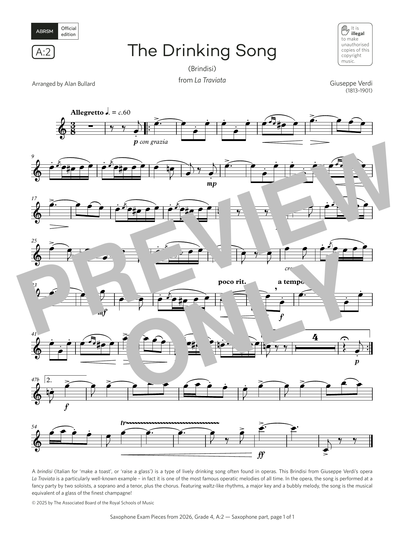 Giuseppe Verdi The Drinking Song (Grade 4, list A2, from the ABRSM Saxophone Syllabus from 2026) sheet music notes and chords arranged for Alto Sax Solo