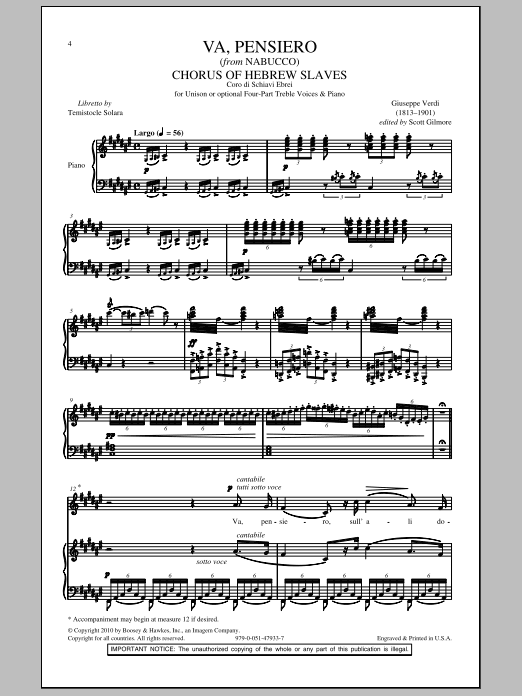 Giuseppe Verdi Va, Pensiero sheet music notes and chords arranged for 4-Part Choir
