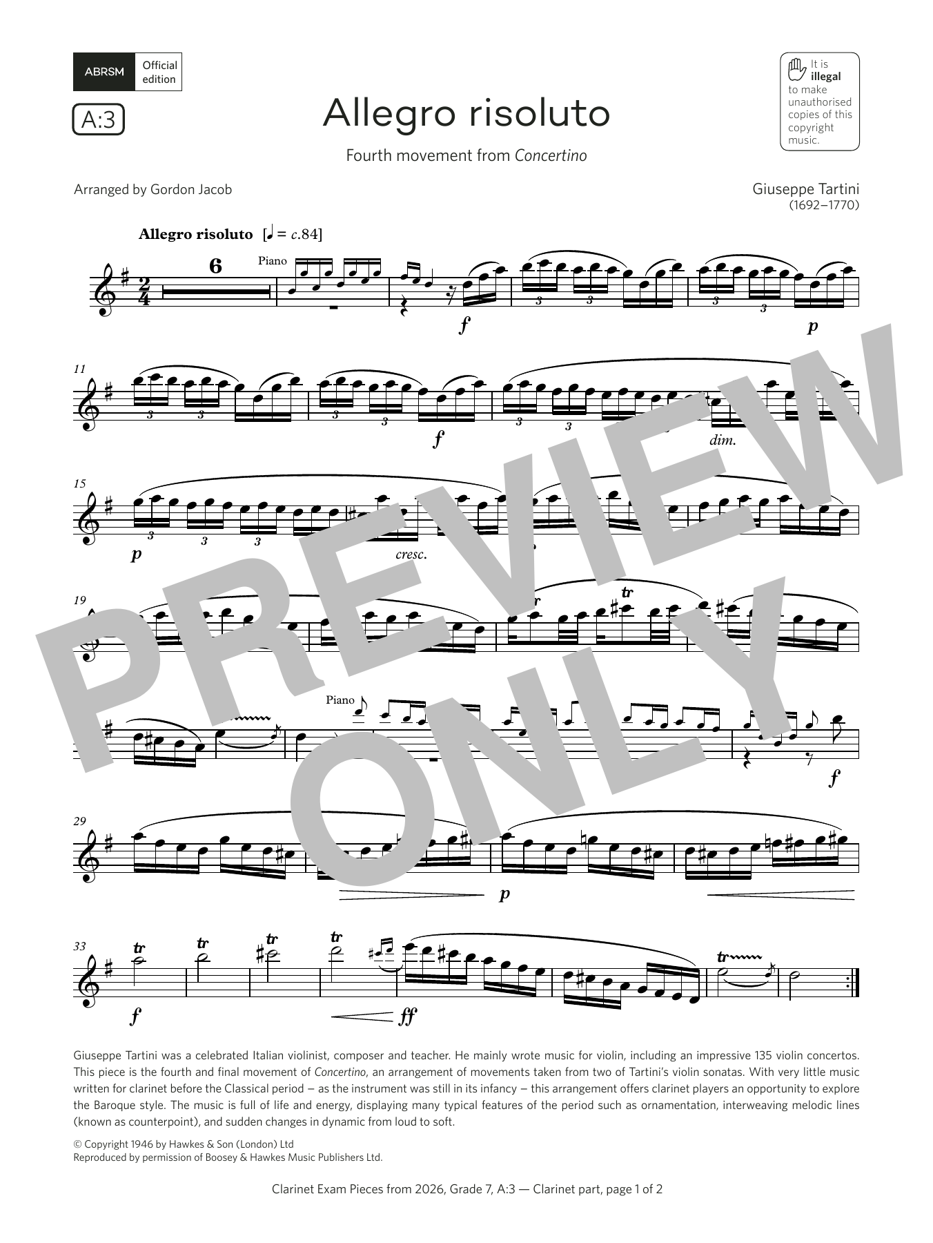 Giuseppi Tartini Allegro risoluto (Grade 7, list A3, from the ABRSM Clarinet Syllabus from 2026) sheet music notes and chords arranged for Clarinet Solo
