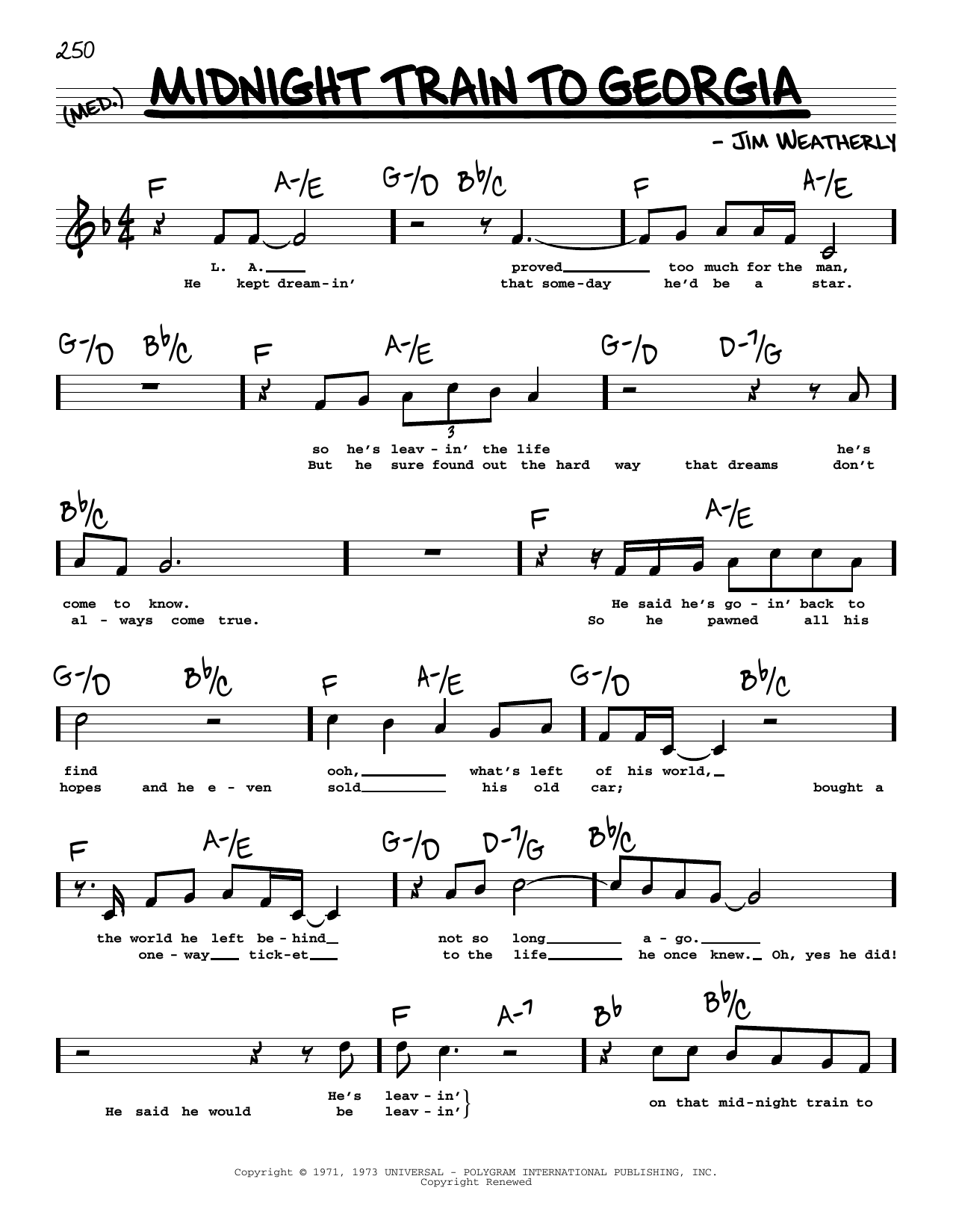 Gladys Knight & The Pips Midnight Train To Georgia (High Voice) sheet music notes and chords arranged for Real Book – Melody, Lyrics & Chords
