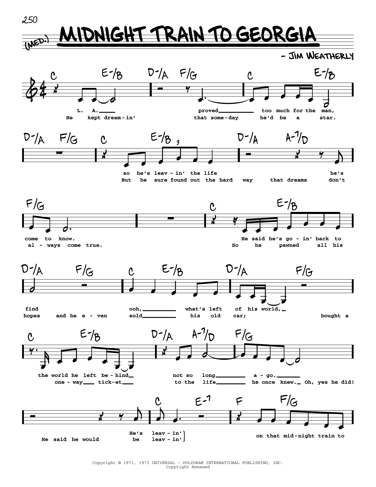 Gladys Knight & The Pips Midnight Train To Georgia (Low Voice) sheet music notes and chords arranged for Real Book – Melody, Lyrics & Chords