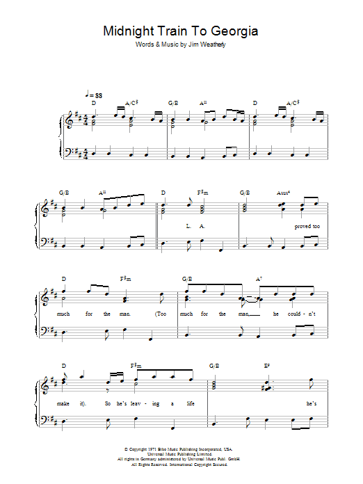 Gladys Knight & The Pips Midnight Train To Georgia sheet music notes and chords arranged for Piano, Vocal & Guitar Chords (Right-Hand Melody)