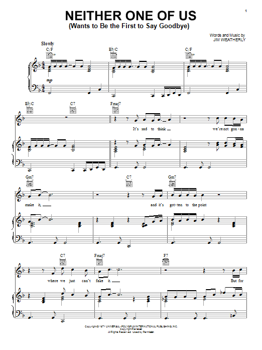 Gladys Knight & The Pips Neither One Of Us (Wants To Be The First To Say Goodbye) sheet music notes and chords arranged for Piano, Vocal & Guitar Chords (Right-Hand Melody)