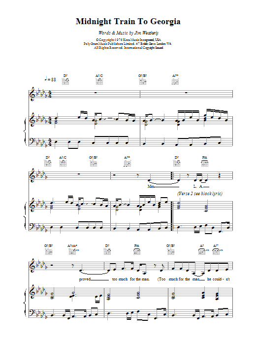 Gladys Knight Midnight Train To Georgia sheet music notes and chords arranged for Piano & Vocal