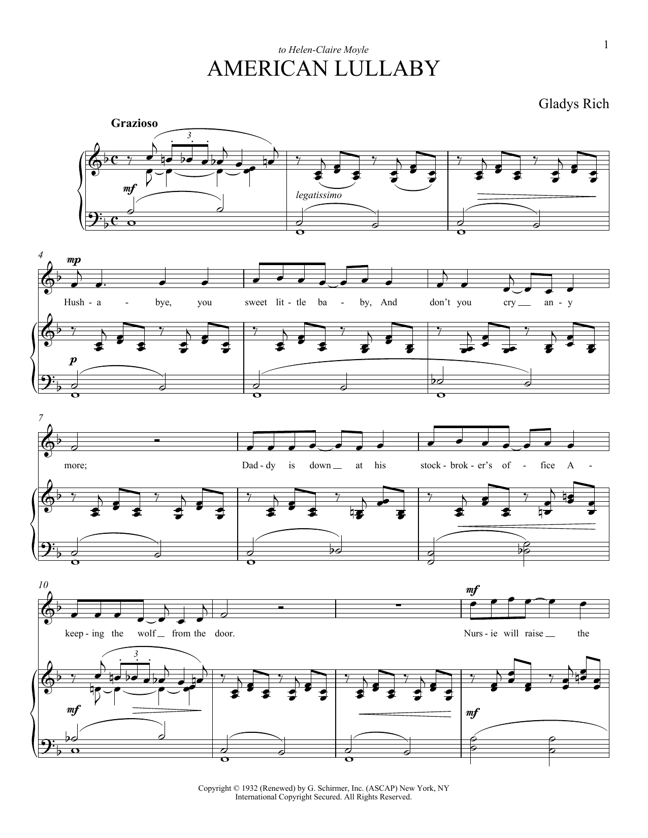 Gladys Rich American Lullaby sheet music notes and chords arranged for Piano & Vocal